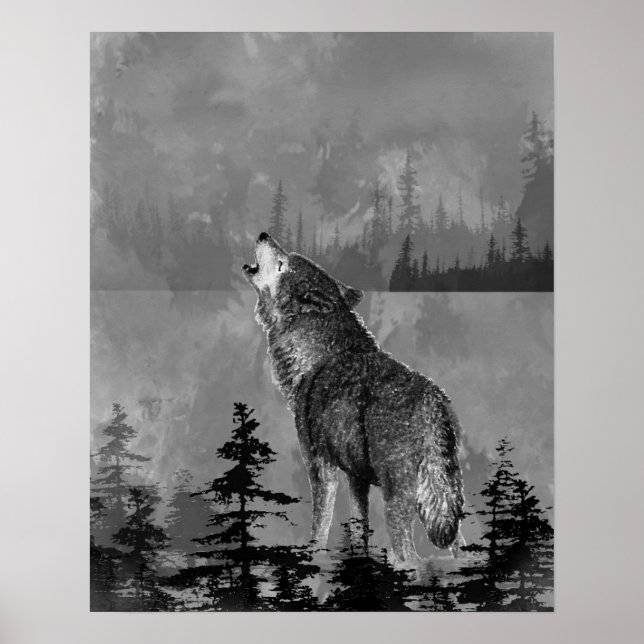 Affiche Aquarelle Loup Animalier Hurlement Solitaire (Devant)