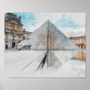 Affiche Aquarelle Louvre Paris France Artistique