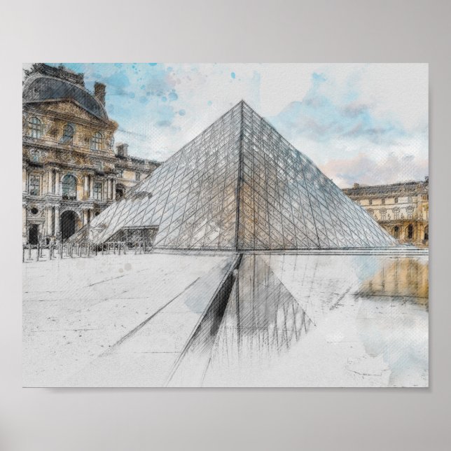 Affiche Aquarelle Louvre Paris France | Artistique (Devant)