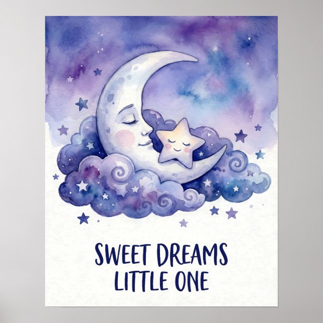 Affiche Aquarelle Lune et Étoile Douce Rêve Petit(e) (Devant)