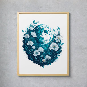 Affiche Aquarelle Lune Étoiles Célestes Fleurs