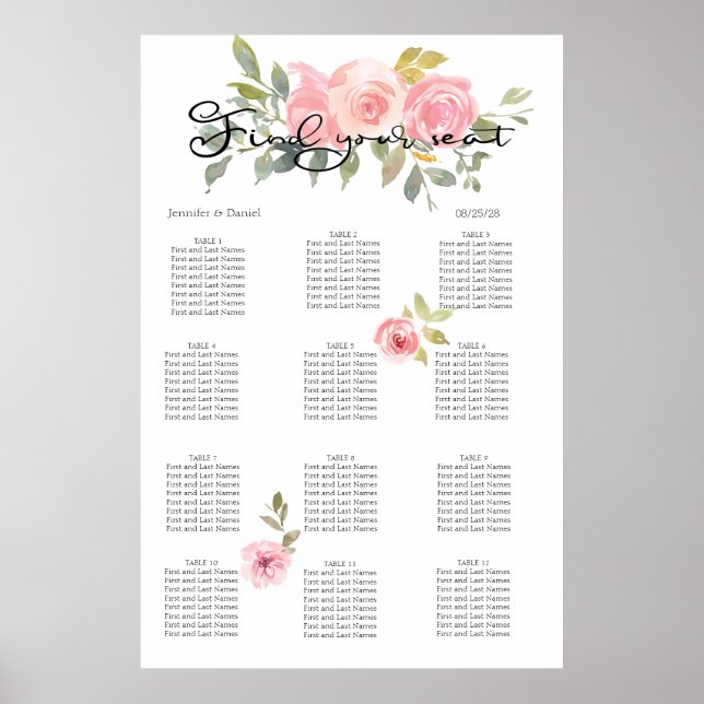Affiche Aquarelle Lush Blush Rose Floral Diagramme de sièg (Devant)