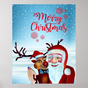 Affiche Aquarelle Magique Santa Clause Sourire Rudolph
