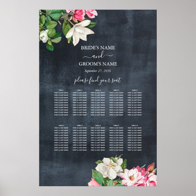 Affiche Aquarelle Magnolia Fleurs Mariage Seating Chart (Devant)
