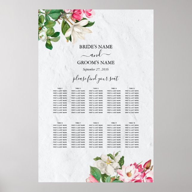 Affiche Aquarelle Magnolia Fleurs Mariage Seating Chart (Devant)
