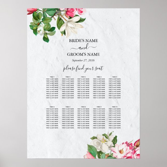 Affiche Aquarelle Magnolia Fleurs Mariage Seating Chart (Devant)