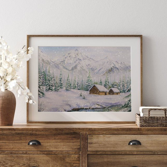 Affiche Aquarelle Maisons en bois et Pin Tree en neige (Créateur téléchargé)