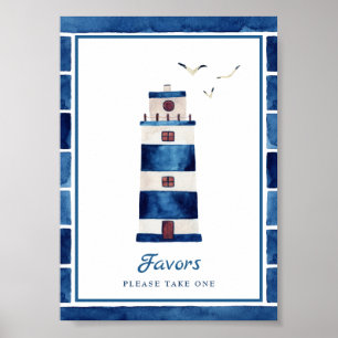 Affiche Aquarelle Marine Bleu phare Faveurs nautiques