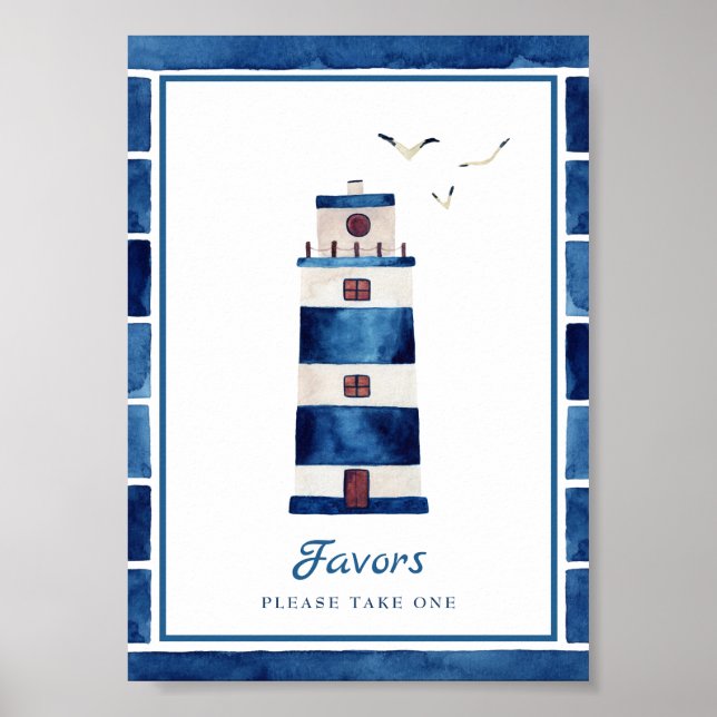 Affiche Aquarelle Marine Bleu phare Faveurs nautiques (Devant)