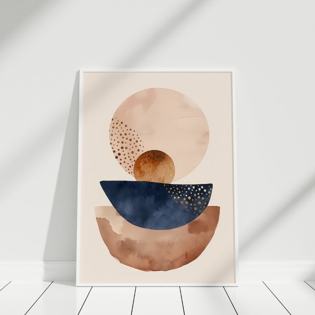 Affiche Aquarelle Marine en terre cuite Blush Formes Abstr (Watercolor Navy Terracotta Blush Abstract Shapes Poster in a white frame.)