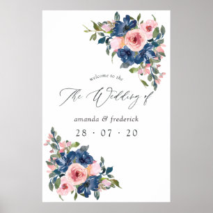 Affiche Aquarelle Marine et Blush Floral Mariage Bienvenue