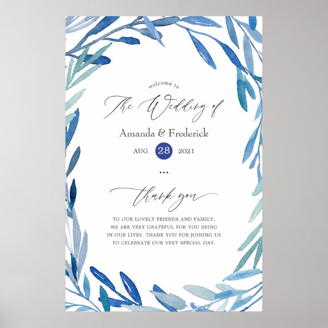 Affiche Aquarelle marine Indigo Feuilles Mariages Bienvenu (Devant)