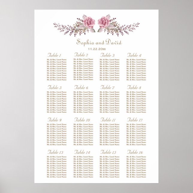 Affiche Aquarelle Marsala Maroon Floral Seat Chart (Devant)
