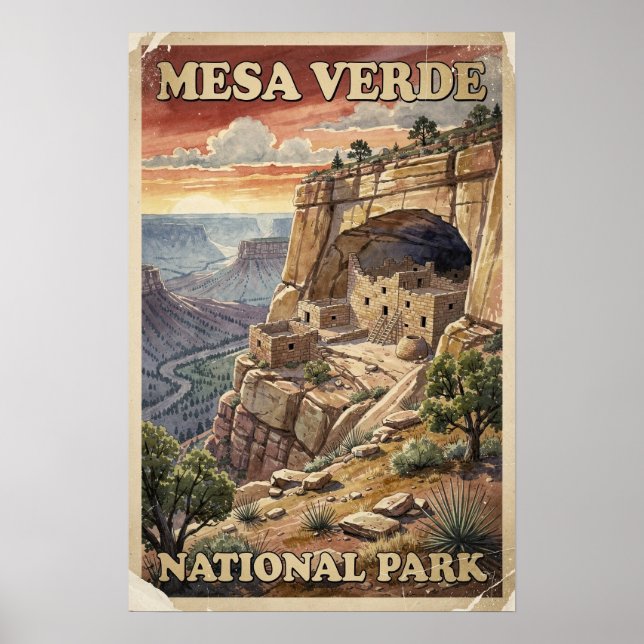 Affiche Aquarelle Mesa Verde Parc National Rétro (Devant)