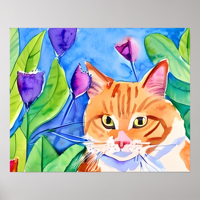 Affiche Aquarelle mignonne Chat orange et jolies fleurs (Devant)