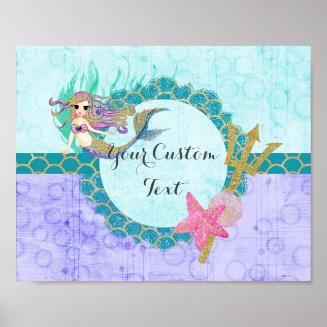 Affiche Aquarelle mignonne de sirène Monogramme Turquoise  (Devant)