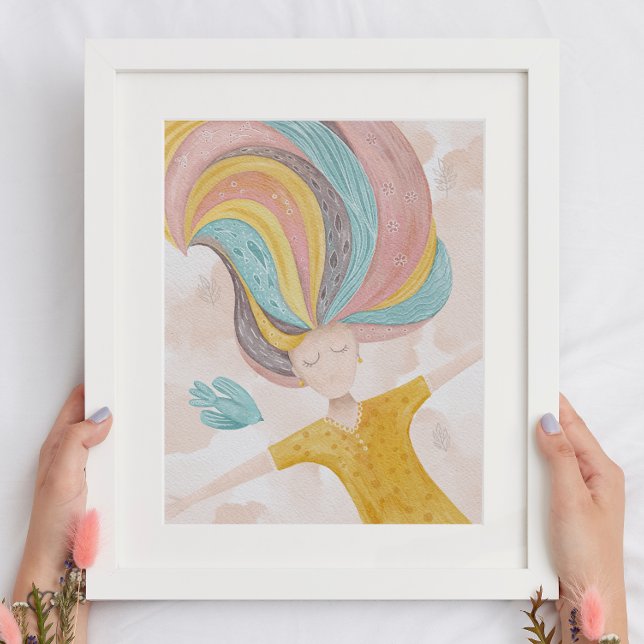 Affiche Aquarelle mignonne fille de dessin animé. Imaginai (Créateur téléchargé)