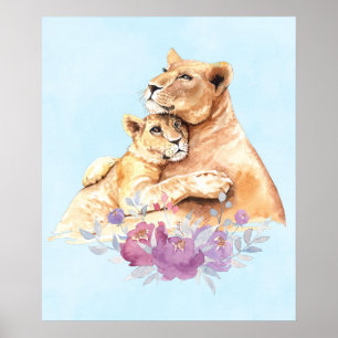 Affiche Aquarelle mignonne Mère Lion & Cub