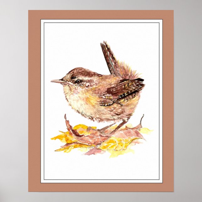 Affiche Aquarelle mignonne Oiseau Wren, Nature, Jardin ani (Devant)