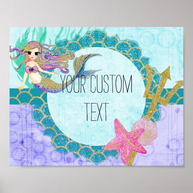 Affiche Aquarelle mignonne sirène Turquoise et violet (Devant)