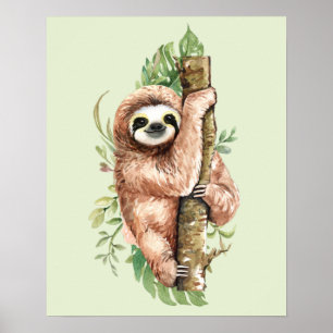 Affiche Aquarelle mignonne Sloth & Feuilles tropicaux