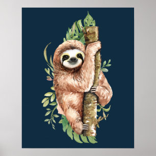 Affiche Aquarelle mignonne Sloth & Feuilles tropicaux