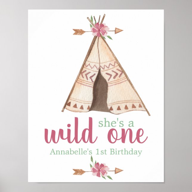 Affiche Aquarelle mignonne Teepee Boho 1er anniversaire (Devant)