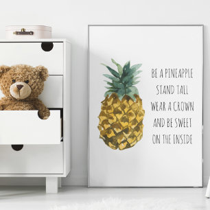 Affiche Aquarelle moderne ananas et citation amusante posi