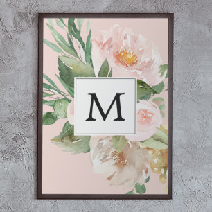 Affiche Aquarelle moderne Fleurs roses Monogrammes