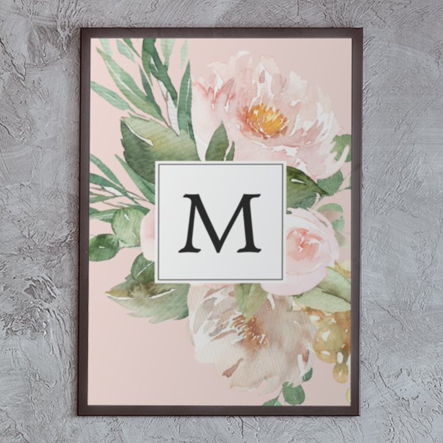 Affiche Aquarelle moderne Fleurs roses Monogrammes (Créateur téléchargé)