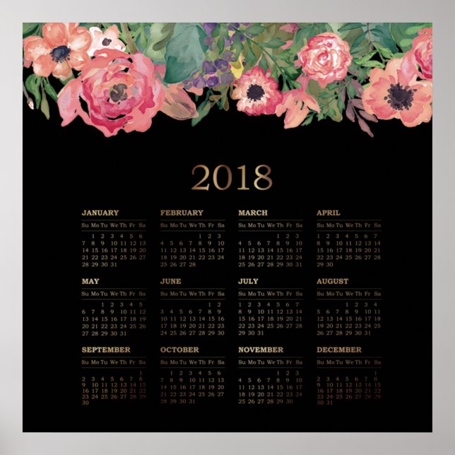 Affiche Aquarelle moderne Floral 2018 Calendrier (Devant)
