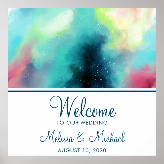 Affiche Aquarelle moderne Green & Red Space Nebula (Devant)