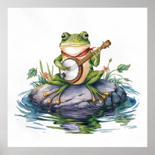 Affiche Aquarelle moderne grenouille verte avec guitare su