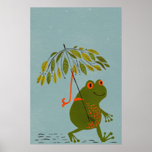 Affiche Aquarelle moderne grenouille verte & parapluie feu