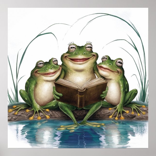 Affiche Aquarelle moderne grenouilles vertes livre de lect (Devant)