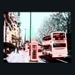 Affiche Aquarelle moderne London Street Scène Pop Art<br><div class="desc">Une adaptation pop art colorée cool d'aquarelle d'une photographie représentant une scène ordinaire banale de rue dans la ville de Londres Angleterre Royaume-Uni avec boîte téléphonique iconique et bus à double étage. Les couleurs sont douces,  pastel,  bleu,  vert,  orange,  jaune,  rose et rouge.</div>