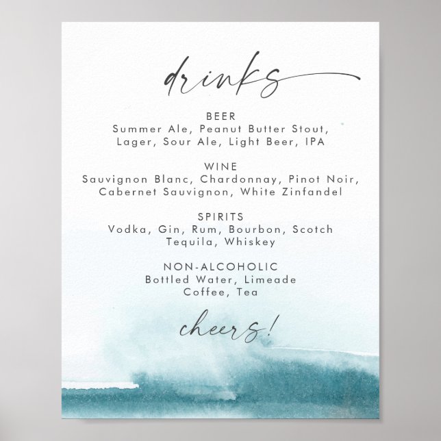 Affiche Aquarelle moderne | Menu des boissons Mariage Turq (Devant)