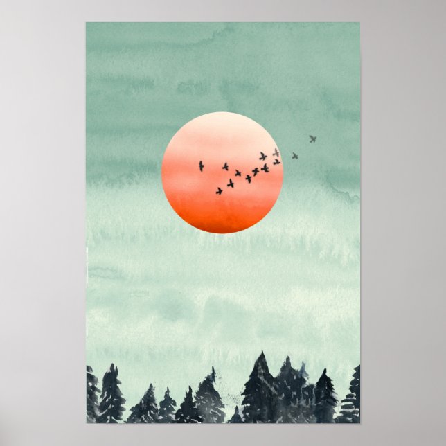 Affiche Aquarelle moderne Paysage Coucher de soleil Oiseau (Devant)