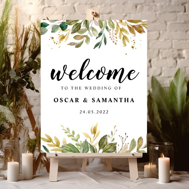 Affiche Aquarelle moderne verte Feuilles et gouttes d'or (Créateur téléchargé)