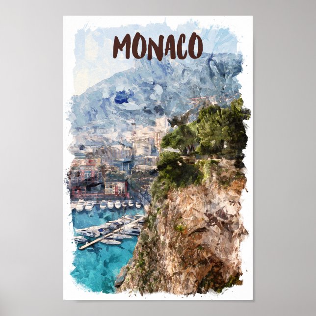 Affiche Aquarelle Monaco Retro Travel Port View (Devant)