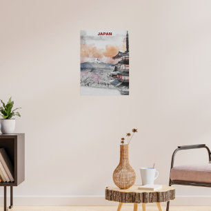 Affiche Aquarelle Mont Fuji & Pagode Japonaise – Terre du 