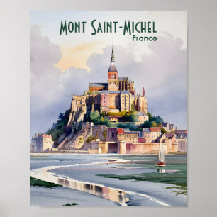 Affiche Aquarelle Mont Saint Michel France Voyage Ancien