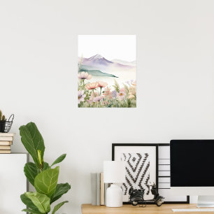 Affiche Aquarelle Montagne Paysage Fleur sauvage Pos