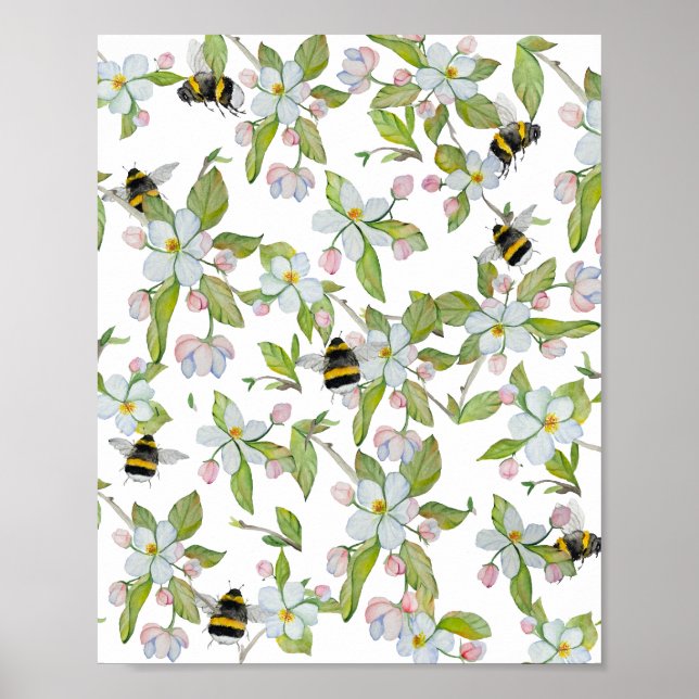 Affiche Aquarelle motif jardin fleurit et bourdons (Devant)