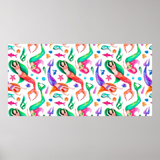 Affiche Aquarelle motif sans soudure avec sirènes, coquill (Devant)