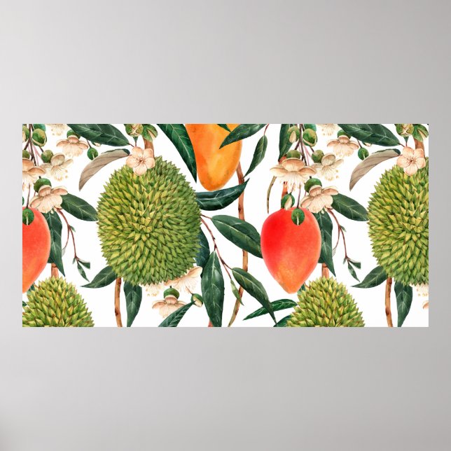 Affiche Aquarelle motif tropical, fruit durian, mangue (Devant)