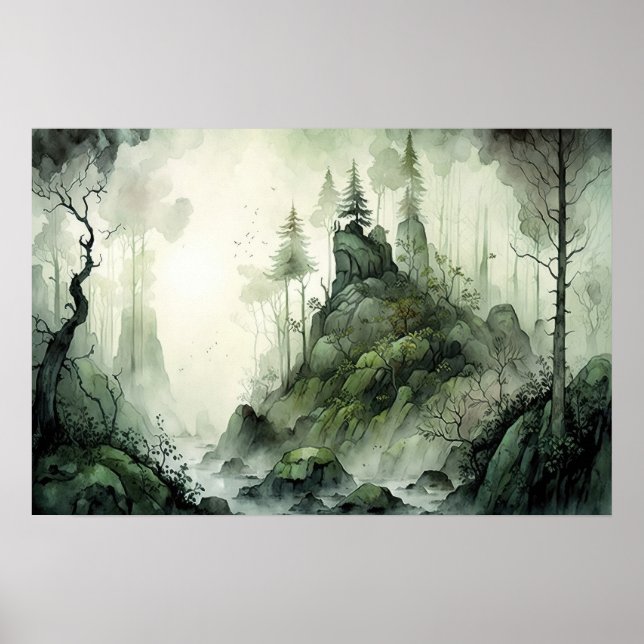 Affiche Aquarelle mystérieuse de la forêt de Mist (Devant)