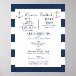 Affiche Aquarelle Nautique Signature Florale Cocktails