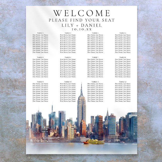 Affiche Aquarelle New York City Mariage Carte de siège (Watercolor New York City Wedding Seating Chart)
