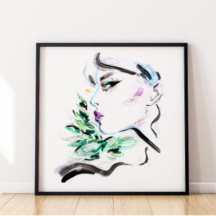 Affiche Aquarelle noir vert de la mode peinture florale